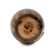 REMUED barrel shaped pottery vase with applied gumnuts and leaves, glazed in green and brown, incised "Remued", 16cm high - 2