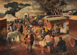 ROBERT YOUNG (1926-2018), (circus fairground scene), oil on canvas board, signed lower left "R. Young, 1972", 55 x 75cm, 63 x 83cm overall