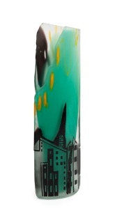 NEIL ROBERTS Australian cameo cut art glass vase with city skyline on green ground, 26.5cm high
