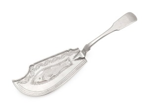 ALEXANDER DICK rare Colonial Australian silver fish slice with engraved decoration, circa 1830s, stamped "A.D." with crowned leopard and date letter "E", lion passant and monarch's head. Note: A similar example held in the National Gallery of Victoria collection in Melbourne. 30.5cm long, 175 grams.