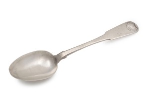 ALEXANDER DICK rare Colonial Australian silver tablespoon with scallop shell decoration and engraved monogram, circa 1830s, stamped "DICK" with anchor, castle and date letter "D", 22cm long, 75 grams.