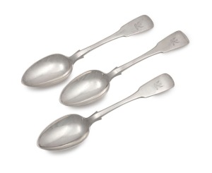 ALEXANDER DICK rare set of three Colonial Australian silver tablespoons with engraved monograms, circa 1830s, stamped "A.D." with crowned leopard and date letter "E", lion passant and monarch's head, 22.5cm long, 246 grams total.