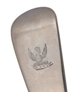 ALEXANDER DICK rare set of three Colonial Australian silver tablespoons with engraved monograms, circa 1830s, stamped "A.D." with crowned leopard and date letter "E", lion passant and monarch's head, ​​​​​​​22.5cm long, 246 grams total. - 2