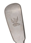 ALEXANDER DICK rare set of three Colonial Australian silver tablespoons with engraved monograms, circa 1830s, stamped "A.D." with crowned leopard and date letter "E", lion passant and monarch's head, ​​​​​​​22.5cm long, 246 grams total. - 4