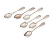 ALEXANDER DICK rare set of six Colonial Australian silver spoons with engraved monograms, circa 1830s, stamped "A.D" with anchor, castle and date letter "D", 18cm long, 246 grams total.