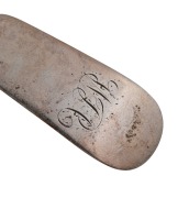 ALEXANDER DICK rare set of six Colonial Australian silver spoons with engraved monograms, circa 1830s, stamped "A.D" with anchor, castle and date letter "D", 18cm long, 246 grams total. - 7