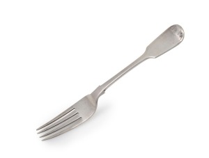 ALEXANDER DICK rare Colonial Australian silver fiddle pattern dinner fork, circa 1830s, stamped "A.D." with crowned leopard and date letter "E", lion passant and monarch's head, 20cm long, 72 grams.