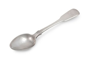 ALEXANDER DICK rare Colonial Australian silver fiddle pattern spoon with engraved monogram, circa 1830s, stamped "DICK" with crowned leopard and date letter "E", lion passant and monarch's head, 15cm long, 30 grams.