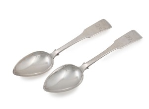 11 · DAVID BARCLAY rare pair of Colonial Australian silver tablespoons with engraved monograms, Tasmanian origin, circa 1835, twice stamped "D.B." with lion passant and monarch's head, 21.5cm long, 163 grams total.