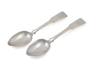 DAVID BARCLAY rare pair of Colonial Australian silver tablespoons with engraved monograms, Tasmanian origin, circa 1835, twice stamped "D.B." with lion passant and monarch's head, 21.5cm long, 163 grams total.