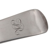 DAVID BARCLAY rare pair of Colonial Australian silver tablespoons with engraved monograms, Tasmanian origin, circa 1835, twice stamped "D.B." with lion passant and monarch's head, 21.5cm long, 163 grams total. - 3