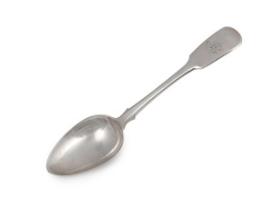 13 · JOEL JOHN COHEN rare Colonial Australian silver fiddle pattern tablespoon with engraved monogram, Sydney origin, circa 1840, stamped "C.N." uncrowned leopard, lion passant, Gothic date letter "F", and monarch's head, 22cm long, 80 grams.