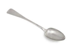 7 · ALEXANDER DICK rare Colonial Australian silver Hanoverian pattern basting spoon, Sydney origin, circa 1830s. Stamped with Dick's castle mark, date letter "D" and anchor, plus additional thrice struck retailer's mark "W.W.", 34cm long, 206 grams.