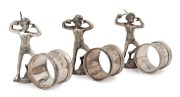 Three antique Australian silver plated napkin rings with Aboriginal hunting figures, made by STEWART DAWSON & Co. 19th/20th century, ​​​​​​​10cm high.