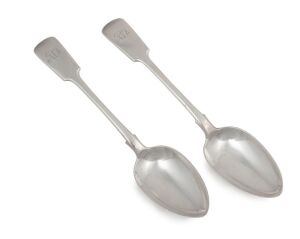 CHARLES HENDRICK rare pair of Colonial Australian silver fiddle pattern tablespoons with engraved monograms, Sydney origin, circa 1830s, stamped "C.H." with crowned leopard, date letter "E' and monarch's head, 22.5cm long, 166 grams total.