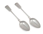 CHARLES HENDRICK rare pair of Colonial Australian silver fiddle pattern tablespoons with engraved monograms, Sydney origin, circa 1830s, stamped "C.H." with crowned leopard, date letter "E' and monarch's head, 22.5cm long, 166 grams total.