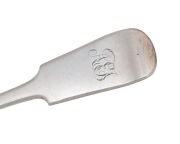CHARLES HENDRICK rare pair of Colonial Australian silver fiddle pattern tablespoons with engraved monograms, Sydney origin, circa 1830s, stamped "C.H." with crowned leopard, date letter "E' and monarch's head, 22.5cm long, 166 grams total. - 2