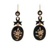 A stunning pair of Australian Colonial antique gold and black enamel earrings adorned with seed pearls in floral motif, housed in a plush fitted leather box with retailer's branding "KILPATRICK & CO. GOLDSMITHS & JEWELLERS TO HIS EXCELLENCY. 39 Collins St - 2