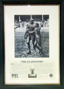 "THE GLADIATORS", display comprising the iconic photograph signed by Norm Povan & Arthur Summons, limited edition 90/1000, window mounted, framed & glazed, overall 62x87cm. with CoA. Few minor tone spots on mount.