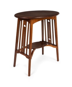 An antique Australian Arts & Crafts oval occasional table, Queensland maple and fiddleback mountain ash, early 20th century, 74cm high, 67cm wide, 47cm deep