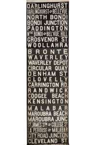SYDNEY TRAM DESTINATION SIDE ROLL: Eastern Suburbs including Darlinghurst, Bronte, Clovelly, Maroubra Beach, City Road Junction, Waterloo, Botany, Mascot, Circular Quay&nbsp;etc., circa 1950s, 570 x 79cm