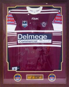 MANLY SEA EAGLES: Manly Warringah jersey signed by 2007 team, with c23 signatures, framed & glazed, overall 84x103cm.