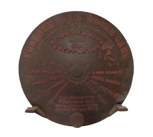 FURPHY cast iron water tank end, made in Shepparton, 20th century, ​​​​​​​86cm diameter.