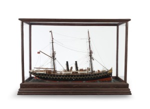 179 · "PARRAMATTA" scratch built model boat in timber case with building specs affixed to copper plaque, 19th century, 61cm high, 92cm wide, 31cm deep