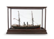 "PARRAMATTA" scratch built model boat in timber case with building specs affixed to copper plaque, 19th century, 61cm high, 92cm wide, 31cm deep