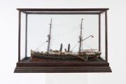"PARRAMATTA" scratch built model boat in timber case with building specs affixed to copper plaque, 19th century, 61cm high, 92cm wide, 31cm deep - 2
