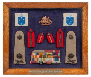 THE MEDAL RIBBONS OF LIEUTENANT GENERAL SIR HORACE CLEMENT HUGH "RED ROBBIE" ROBERTSON (1894 - 1960), A framed display of the insignia as worn by Robertson, including his Service Dress rank epualettes (Lieut-General), 18 place ribbon bar as removed from a
