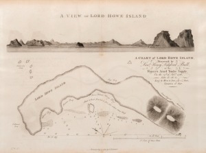 "A View of Lord Howe Island. A Chart of Lord Howe Island Discover'd by Lieut. Henry Lidgbird Ball, in his Majesty's Arm'd Tendr SUPPLY on the 17th of Feby, 1788", the two copperplate engravings on one double-sheet from John Stockdale's "The Voyage of Gove