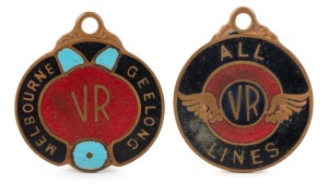 Two early Victorian Railways brass and enamel travel passes; one for "MELBOURNE GEELONG" and the other "ALL LINES"; not previously seen by us. (2).