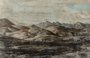 HANS HEYSEN (1877 - 1968), Bunyeroo Valley, Flinders Ranges, c1932, charcoal, coloured pencil and chalk on paper, unsigned, but accompanied by a statement of authenticity from David Heysen (affixed verso), 41 x 63cm, framed 61 x 83cm overall.
