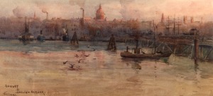 JOHN HENRY YOUNG (1869 - 1937), Sunset - Darling Harbour, watercolour, circa 1910, signed "J.H. Young" and titled lower left, dated 21.4.10 verso, 24 x 52cm; framed 48 x 77cm overall.