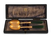 PETERSEN & Co. of Christchurch, New Zealand, stunning antique 18ct solid gold teaspoons with New Zealand greenstone handles, housed in original plush fitted box, 19th century, stamped "P. Ltd. 18ct", 10cm long, 19 grams total including handles.