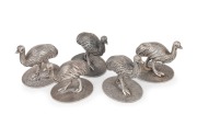 WILLIAM DRUMMOND & Co. of Melbourne set of five solid cast silver emu statues, 19th/20th century, stamped "DRUMMOND&nbsp;MELBOURNE, PURE AUSTRALIAN SILVER", ​​​​​​​4cm high, 316 grams TOTAL.