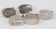 WILLIAM DRUMMOND & Co. of Melbourne set of five solid cast silver emu statues, 19th/20th century, stamped "DRUMMOND&nbsp;MELBOURNE, PURE AUSTRALIAN SILVER", ​​​​​​​4cm high, 316 grams TOTAL. - 2