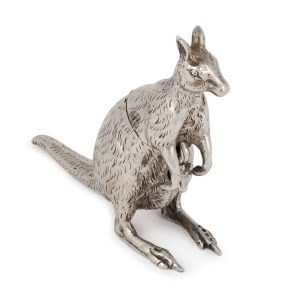 56 · An antique English sterling silver kangaroo salt cellar with joey spoon, most likely by Cornelius Saunders & Francis Shepherd of London, late 19th century, ​​​​​​​7.5cm high, 89 grams.