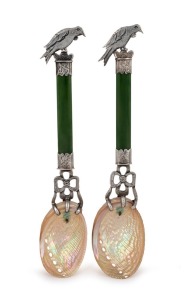 JOHN HISLOP of Dunedin, fine quality pair of antique New Zealand greenstone and silver spoons with bird finials and paua shell bowls, 19th century, stamped "HISLOP, ST. SILVER", 16cm long.