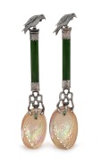 JOHN HISLOP of Dunedin, fine quality pair of antique New Zealand greenstone and silver spoons with bird finials and paua shell bowls, 19th century, stamped "HISLOP, ST. SILVER", 16cm long.
