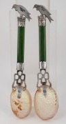 JOHN HISLOP of Dunedin, fine quality pair of antique New Zealand greenstone and silver spoons with bird finials and paua shell bowls, 19th century, stamped "HISLOP, ST. SILVER", 16cm long. - 2