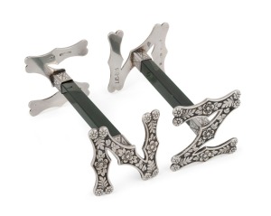 FRANK GRADY of Wellington pair of antique New Zealand silver and greenstone "N.Z." knife rests, 19th/20th century, stamped "F. GRADY, ST. SILVER", 8.5cm wide.