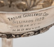 "TASSIE&nbsp;CHALLENGE CUP, BILLIARDS 1929, WON BY H.N.D. MEYER" Australian silver trophy cup with unusual repousse floral decoration, 16.5cm high, 14cm wide, 284 grams. - 2