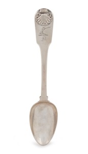 Chinese export silver fiddle pattern tablespoon with scallop shell decoration and engraved monogram and crest for JAMES NORTON of Ecclesbourne, circa 1830s, stamped "C.U." with pseudo hallmarks, as used by the trading house of the American expat JOHN CUSHING of Canton. This spoon matches in all respects others from the same service which bear all the marks of ALEXANDER DICK in Sydney New South Wales. See "Early Australian Silver The Houstone Collection", page 304. 21.5cm long, 66 grams.