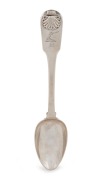Chinese export&nbsp;silver fiddle pattern tablespoon with scallop shell decoration and engraved monogram and crest for JAMES NORTON of Ecclesbourne, circa 1830s, stamped "C.U." with pseudo hallmarks, as used by the trading house of the American expat JOHN CUSH