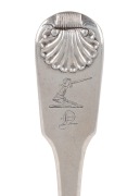 Chinese export&nbsp;silver fiddle pattern tablespoon with scallop shell decoration and engraved monogram and crest for JAMES NORTON of Ecclesbourne, circa 1830s, stamped "C.U." with pseudo hallmarks, as used by the trading house of the American expat JOHN CUSH - 2