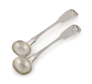 ALEXANDER DICK rare pair of Colonial Australian silver fiddle and shell pattern salt spoons, Sydney origin, circa 1830, stamped "A.D." with lion passant, crowned leopard, "E" and monarch's head, 10cm long, 24 grams total.
