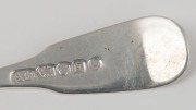 ALEXANDER DICK rare pair of Colonial Australian silver fiddle and shell pattern salt spoons, Sydney origin, circa 1830, stamped "A.D." with lion passant, crowned leopard, "E" and monarch's head, ​​​​​​​10cm long, 24 grams total. - 3