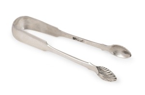 JOSEPH FORRESTER rare Colonial Australian silver sugar tongs, circa 1845, stamped "J.F." anchor (twice stamped) and date letter "T". Note: This pair of sugar tongs appeared in the February 2025 article in Australiana magazine (page 37-39) and is only the second piece of silver that has been positively ascribed to Joseph Forrester. 15cm long, 54 grams.